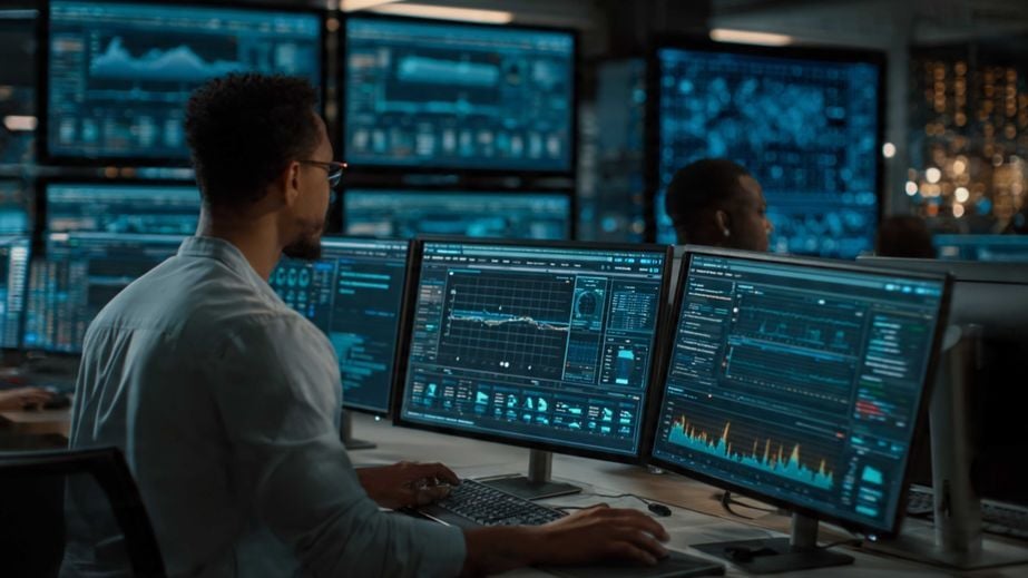 An IT operations specialist at a workstation reviewing multi-monitor data and performance charts in an enterprise control room, illustrating IT teams managing complex workload automation environments and custom monitoring dashboards. 
