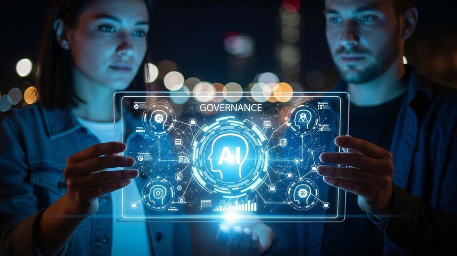 Two enterprise professionals interacting with a glowing, transparent digital interface that displays an AI control wheel and network nodes under the word "GOVERNANCE," representing the use of Broadcom's Automic Automation as an intelligent control plane to secure and manage autonomous AI agents. 