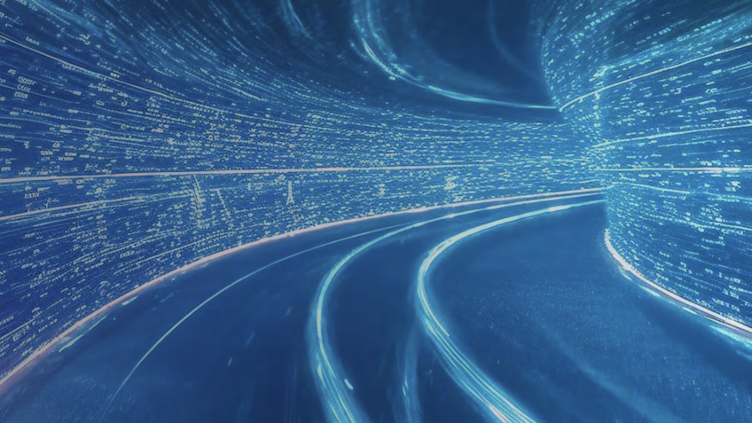 Abstract futuristic digital tunnel with glowing blue light trails and streaming data code overlays, illustrating enterprise workload automation, real-time data orchestration, and automation intelligence.